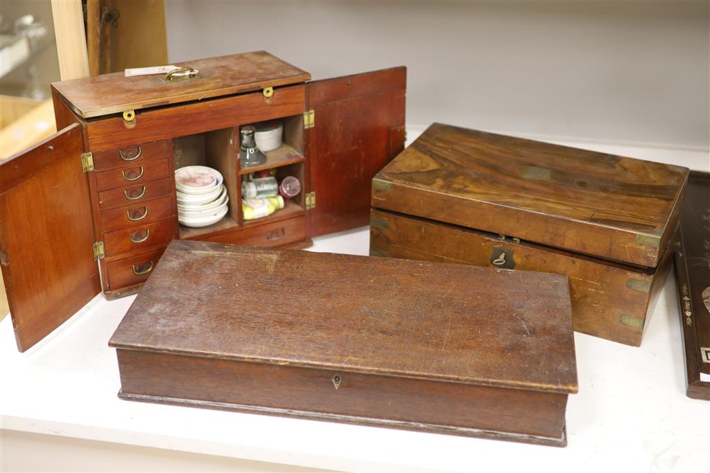 A 19th century mahogany travelling apothecary chest, a walnut writing slope and an oak document box,